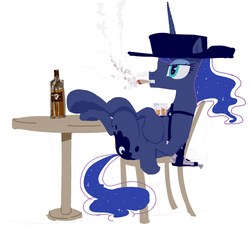 Size: 1247x1166 | Tagged: safe, artist:silfidum, princess luna, g4, alcohol, cigar, cowboy hat, female, gun, hat, hooves on the table, revolver, sketch, smoking, solo, western