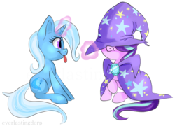 Size: 3771x2708 | Tagged: safe, artist:everlastingderp, starlight glimmer, trixie, pony, unicorn, g4, :p, :t, accessory swap, cute, diatrixes, duo, female, glimmerbetes, high res, lesbian, magic, mare, raised hoof, ship:startrix, shipping, sitting, smiling, telekinesis, tongue out