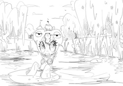 Size: 1024x716 | Tagged: safe, artist:silfidum, pinkie pie, frog, g4, frog hat, monochrome, sketch, swimming