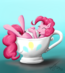 Size: 1000x1122 | Tagged: safe, artist:benjik, pinkie pie, earth pony, pony, g4, blushing, cup, cup of pony, cute, diapinkes, eyes closed, female, food, gradient background, happy, mare, micro, pink body, pink coat, pink fur, pink hair, pink mane, pink pony, pink tail, poofy hair, poofy mane, poofy tail, signature, smiling, solo, sugar (food), sugarcube, tail, teacup, tiny, tongue out