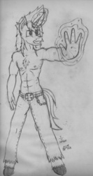 Size: 651x1226 | Tagged: safe, artist:mane-shaker, unicorn, anthro, unguligrade anthro, abs, chest fluff, clothes, monochrome, solo, topless, traditional art, unshorn fetlocks