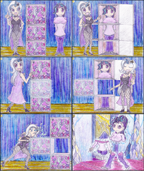 Size: 1270x1504 | Tagged: safe, artist:meiyeezhu, starlight glimmer, trixie, human, no second prances, anime, assistant, cape, clothes, comic, curtains, epic fail, fail, female, fishnets, funny, half, hilarious, horned humanization, humanized, humanized ponified human, lesbian, levitation, magic, magic act, magic box, magic trick, magician, modular, old master q, oops, parody, performance, performer, ponytail, reference, shipping, stage, standing, startrix, stockings, telekinesis, traditional art, trixie's cape, twilight's castle, unhappy, walking, whoops, zigzag