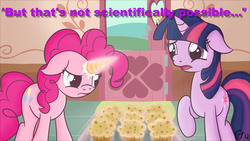 Size: 1920x1080 | Tagged: safe, artist:captainbritish, edit, pinkie pie, twilight sparkle, g4, fake horn, food, image macro, impossible, magic, meme, pinkie being pinkie, purple text