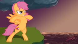 Size: 3000x1688 | Tagged: safe, artist:jimimipwr, scootaloo, g4, cliff, female, ocean, old cutie mark, older, solo