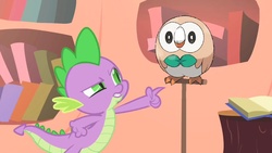 Size: 1280x720 | Tagged: safe, edit, edited screencap, screencap, owlowiscious, spike, rowlet, g4, owl's well that ends well, pokémon, pokémon sun and moon