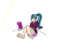 Size: 1024x897 | Tagged: safe, artist:blondeuchiha, sonata dusk, equestria girls, g4, my little pony equestria girls: rainbow rocks, barefoot, cute, feet, female, foot fetish, foot focus, humanized, solo