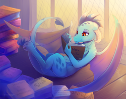 Size: 2000x1572 | Tagged: safe, artist:viwrastupr, princess ember, dragon, g4, book, book title humor, cute, emberbetes, female, how to train your dragon, indoors, lying down, on back, pile of books, reading, scales, smiling, solo, spread wings, window, wings, yellow eyes