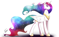 Size: 1920x1200 | Tagged: safe, artist:laptop-pone, princess celestia, alicorn, pony, g4, curved horn, cutie mark earrings, ear piercing, earring, ethereal mane, female, folded wings, galaxy mane, horn, jewelry, mare, piercing, profile, simple background, solo, white background, wings