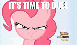 Size: 438x260 | Tagged: safe, edit, edited screencap, screencap, pinkie pie, g4, the one where pinkie pie knows, animated, anime, caption, female, image macro, it's time to duel, meme, shuriken, text, yu-gi-oh!
