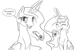 Size: 1190x770 | Tagged: safe, artist:silfoe, princess celestia, princess luna, royal sketchbook, g4, dialogue, eating, food, grayscale, magic, monochrome, taco