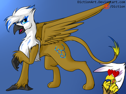 Size: 1280x959 | Tagged: safe, artist:diction, gilda, oc, oc:orion, griffon, g4, canon x oc, female, gildarion, griffonized, heart eyes, male, patreon, patreon logo, shipping, species swap, straight, wingding eyes