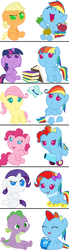 Size: 1000x3640 | Tagged: safe, artist:red4567, applejack, fluttershy, pinkie pie, rainbow dash, rarity, spike, twilight sparkle, butterfly, dragon, earth pony, pegasus, pony, unicorn, g4, newbie dash, alternate hairstyle, apple, babity, baby, baby dash, baby dragon, baby pie, baby pony, baby spike, babyjack, babylight sparkle, babyshy, behaving like pinkie pie, book, care mare, comic, cute, dashabetes, diapinkes, dynamic dash, egghead, egghead dash, floppy ears, foal, food, forthright filly, gem, impersonating, impressions, jackabetes, mane seven, mane six, manebow sparkle, party cannon, rainbow dash always dresses in style, rainbow fash, raribetes, reading rainboom, red4567 is trying to murder us, shyabetes, simpsons did it, spikabetes, style, twiabetes, unicorn twilight, weapons-grade cute, you idiot