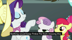 Size: 2560x1440 | Tagged: safe, screencap, apple bloom, rarity, sweetie belle, g4, newbie dash, dialogue, eyes closed, grammar, grammar error, lidded eyes, meme, raised hoof, talking, youtube caption