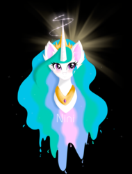 Size: 1280x1687 | Tagged: safe, artist:niniibear, princess celestia, g4, blushing, bust, crepuscular rays, ear fluff, female, magic, solo