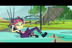 Size: 634x422 | Tagged: safe, screencap, fluttershy, sour sweet, equestria girls, g4, my little pony equestria girls: friendship games, animated, archery, arrow, bow (weapon), bow and arrow, crossover, death star, explosion, star wars, star wars: a new hope, weapon