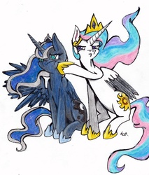 Size: 3528x4134 | Tagged: safe, artist:pepperscratch, princess celestia, princess luna, g4, annoyed, duo, frown, high res, poking, siblings, simple background, sisters, sitting, traditional art, white background