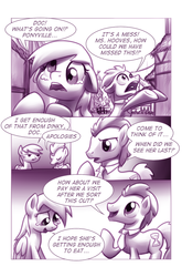 Size: 900x1362 | Tagged: safe, artist:moonlitbrush, derpy hooves, doctor whooves, time turner, pegasus, pony, comic:unintentionally spreading happiness, g4, comic, cute, female, mare, monochrome, ponyville, smiling, wide eyes
