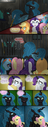 Size: 1440x3743 | Tagged: safe, artist:inkrose98, applejack, fluttershy, princess celestia, queen chrysalis, rainbow dash, rarity, changeling, earth pony, pony, unicorn, comic:shapeless sun, g4, changelingified, comic, crying, female, mare, princess chryslestia, species swap