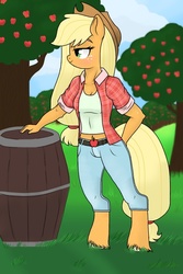 Size: 640x960 | Tagged: safe, artist:unoriginai, applejack, earth pony, anthro, unguligrade anthro, g4, apple orchard, barrel, boob freckles, breasts, chest freckles, clothes, cottagecore, female, freckles, solo