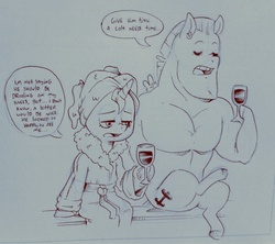 Size: 1280x1137 | Tagged: safe, artist:raph13th, bulk biceps, starlight glimmer, pegasus, pony, unicorn, comic:built for power, g4, alcohol, black and white, clothes, duo, glass, grayscale, monochrome, robe, towel on head, traditional art, tumblr, wine, wine glass