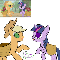 Size: 1600x1600 | Tagged: safe, artist:keychains, screencap, applejack, twilight sparkle, g4, basket, mlp rewind art challenge, scene interpretation