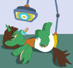Size: 3271x3023 | Tagged: safe, artist:boxtrot, oc, oc only, oc:frost d. tart, alicorn, pony, alicorn oc, diaper, diaper check, high res, hypnosis, hypnotized, kaa eyes, legs in air, mental regression, non-baby in diaper, on back, pacifier, poofy diaper, request, robotic arm, solo, spread legs, spreading