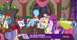 Size: 1261x662 | Tagged: safe, screencap, bonnie rose, dj pon-3, flutterholly, fluttershy, lyra heartstrings, merry, octavia melody, rainbow dash, rarity, snowdash, snowfall frost, starlight glimmer, vinyl scratch, a hearth's warming tail, g4, alternate hairstyle, discovery family logo, victrola scratch