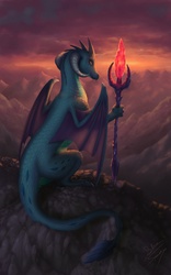 Size: 1240x1984 | Tagged: safe, artist:bluespaceling, princess ember, dragon, g4, bloodstone scepter, cloud, dragon lord ember, female, looking back, mountain, queen, solo, staff