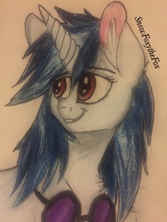 Size: 774x1032 | Tagged: safe, artist:snowfoxythefox, dj pon-3, vinyl scratch, g4, colored sketch, female, goggles, smiling, solo, traditional art