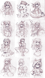 Size: 900x1560 | Tagged: safe, artist:parororo, princess luna, human, koala, g4, big boo, black and white, boo, collage, crossover, graduation cap, grayscale, hat, humanized, maka albarn, male, marvel, monochrome, nintendo, palutena, peter parker, pokémon, sketch, spider-man, super mario bros.