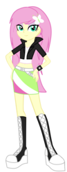 Size: 2290x5886 | Tagged: safe, artist:adadeimon, fluttershy, equestria girls, g4, alternate hairstyle, bedroom eyes, belly button, boots, bracelet, clothes, eyeshadow, female, high res, jacket, leather jacket, makeup, midriff, skirt, solo, spiked wristband
