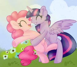 Size: 2200x1920 | Tagged: dead source, safe, artist:mississippikite, pinkie pie, twilight sparkle, alicorn, pony, g4, bipedal, eyes closed, female, hug, lesbian, mare, nuzzling, ship:twinkie, shipping, twilight sparkle (alicorn)