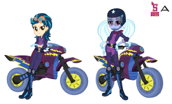 Size: 1106x670 | Tagged: safe, artist:karalovely, indigo zap, sugarcoat, equestria girls, friendship games, g4, clothes, crystal prep academy, crystal prep shadowbolts, duo, friendship games motocross outfit, friendship games outfit, gloves, helmet, motocross outfit, motorcross, motorcycle, motorcycle helmet, motorcycle outfit, simple background, tri-cross relay outfit, white background