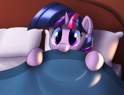 Size: 1940x1500 | Tagged: safe, artist:january3rd, twilight sparkle, pony, unicorn, g4, bed, blanket, cute, female, looking at you, mare, morning ponies, nom, pillow, smiling, solo, twiabetes, unicorn twilight