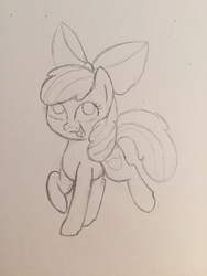 Size: 960x1280 | Tagged: safe, artist:sugarwings-art, apple bloom, g4, cutie mark, female, monochrome, open mouth, raised hoof, sketch, solo, the cmc's cutie marks, traditional art