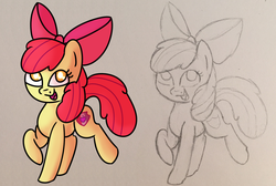 Size: 1280x861 | Tagged: safe, artist:pastelhorses, artist:sugarwings-art, apple bloom, g4, collaboration, cutie mark, female, monochrome, open mouth, raised hoof, sketch, solo, the cmc's cutie marks, traditional art