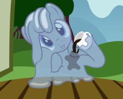 Size: 2808x2260 | Tagged: safe, artist:badumsquish, derpibooru exclusive, oc, oc only, oc:tremble, goo pony, original species, g4, badumsquish is trying to murder us, coffee, cute, drink, drinking, female, high res, looking at you, mug, offscreen character, outdoors, pov, sitting, smiling, solo, table