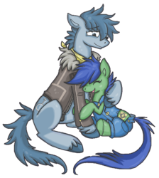 Size: 543x607 | Tagged: safe, artist:whispir, oc, oc only, oc:p-21, oc:scotch tape, fallout equestria, fallout equestria: project horizons, bandana, clothes, cutie mark, father and daughter, hug, jacket, overalls