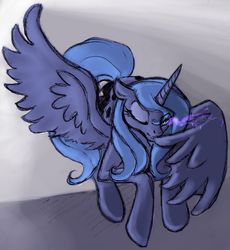 Size: 1359x1475 | Tagged: safe, artist:remains, princess luna, alicorn, pony, g4, dark magic, devious smile, featured image, female, looking at you, magic, mare, nightmare luna, one eye closed, pose, s1 luna, solo, sombra eyes