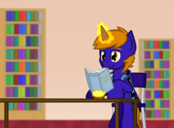 Size: 500x367 | Tagged: safe, artist:terton, oc, oc only, oc:star bright, pony, book, cape, clothes, library, magic, male, reading, stallion, wizard