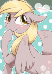 Size: 631x885 | Tagged: safe, artist:kiriya, derpy hooves, pegasus, pony, g4, blushing, cute, derpabetes, female, mare, oh you, raised hoof, scrunchy face, solo