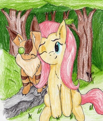 Size: 1909x2256 | Tagged: safe, artist:40kponyguy, derpibooru exclusive, fluttershy, g4, crossover, hayao miyazaki, laputa: castle in the sky, nausicaa of the valley of the wind, one eye closed, sitting, squirrel fox, studio ghibli, teto, traditional art