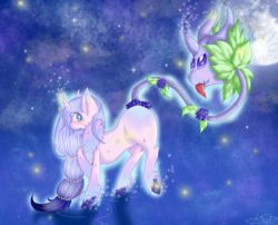 Size: 1280x1033 | Tagged: safe, artist:niniibear, oc, oc only, oc:noname, classical unicorn, plant pony, :p, adoptable, cute, flower, fluffy, horn, horn jewelry, jewelry, leonine tail, night, plant, plantpony, purple, raised leg, rose, smiling, solo, tongue out, unshorn fetlocks, wat