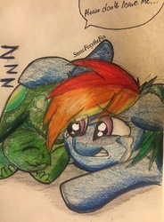 Size: 768x1041 | Tagged: safe, artist:snowfoxythefox, rainbow dash, tank, g4, season 5, tanks for the memories, colored, colored pencil drawing, crying, floppy ears, sad, traditional art