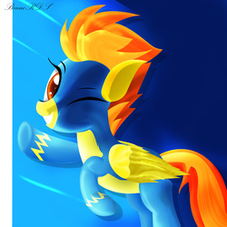 Size: 2000x2000 | Tagged: safe, artist:mrbrunoh1, spitfire, pegasus, pony, g4, female, happy, high res, light, looking at you, one eye closed, smiling, solo, wink, wonderbolts, wonderbolts uniform