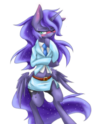Size: 1024x1365 | Tagged: safe, artist:azurepicker, princess luna, pony, g4, belly button, belt, bipedal, blushing, butt wings, clothes, female, midriff, necktie, side slit, simple background, skirt, skirt suit, solo, suit, transparent background