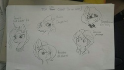 Size: 1280x720 | Tagged: safe, artist:tjpones, princess ember, princess luna, sunset shimmer, oc, oc:brownie bun, oc:holly wood, dragon, equestria girls, g4, lineart, monochrome, sunglasses, traditional art