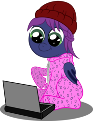 Size: 3000x3880 | Tagged: safe, artist:spellboundcanvas, oc, oc only, bat pony, pony, binary bits, computer, footed sleeper, hat, high res, laptop computer, onesie, solo