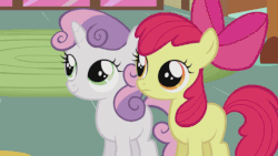 Size: 560x315 | Tagged: safe, screencap, apple bloom, sweetie belle, g4, hearts and hooves day (episode), animated, disgusted, faic, female, hearts and hooves day, tongue out