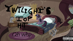 Size: 1280x720 | Tagged: safe, twilight sparkle, pony, unicorn, g4, album cover, bed, bedroom, bust, carpet, detailed background, female, frown, golden oaks library, guitar, horseshoes, lying down, mare, musical instrument, open mouth, prone, solo, text, twilight's bedroom, unicorn twilight